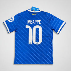 Blue sports jersey with "Mbappe 10" on a gray background