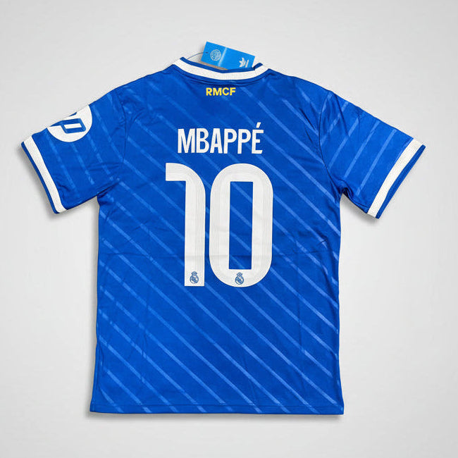 Blue sports jersey with "Mbappe 10" on a gray background